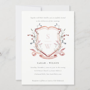 Invitation Élégant Fleur sauvage rose Monogram Crest Mariage