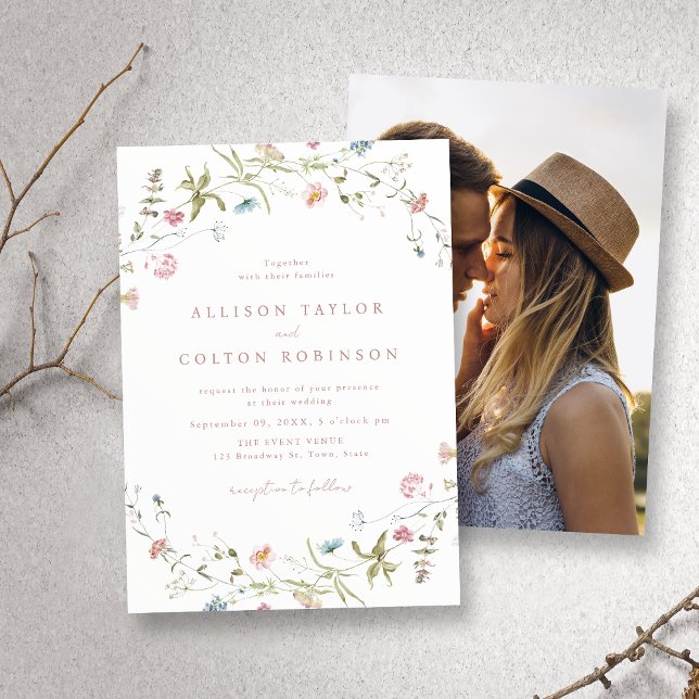 Invitation Élégant Fleur sauvage rose Rustic Boho Mariage Pho (Elegant Pink Wildflower Rustic Boho Wedding Photo Invitation)