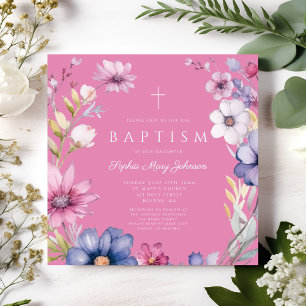Invitation Élégant Fleur sauvage rose Wreath Girl Baptême