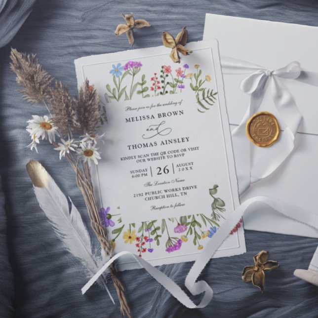 Invitation Élégant Fleur sauvage Rustic Budget QR Code Mariag (Créateur téléchargé)