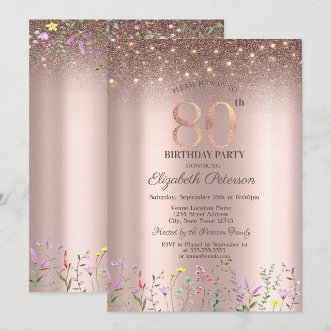 Invitation Élégant Fleur sauvage, String Lights 80e anniversa (Devant / Derrière)