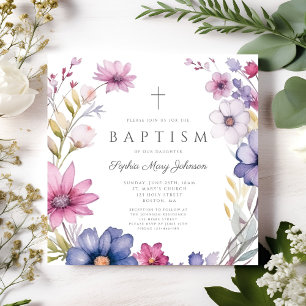 Invitation Élégant Fleur sauvage Wreath Girl Baptism