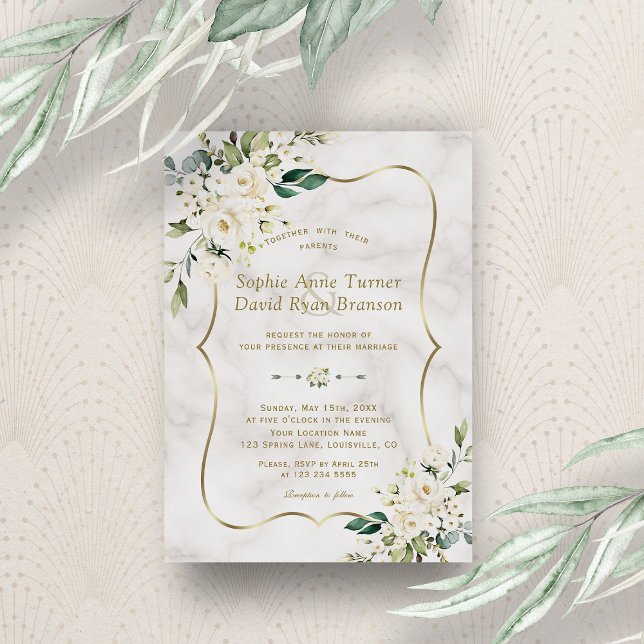Invitation Elégant Fleurs blanches délicates Mariage en marbr (Créateur téléchargé)
