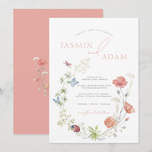 Invitation Élégant Fleurs sauvages roses et papillons Mariage