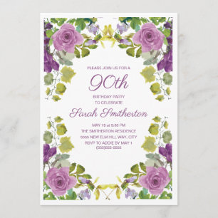 Invitation Élégant Fleurs Violettes Vignes Vertes 90e Anniver