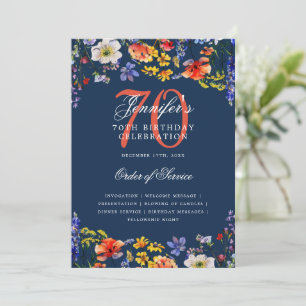 Invitation Élégant Floral 70e Anniversaire Menu Marine
