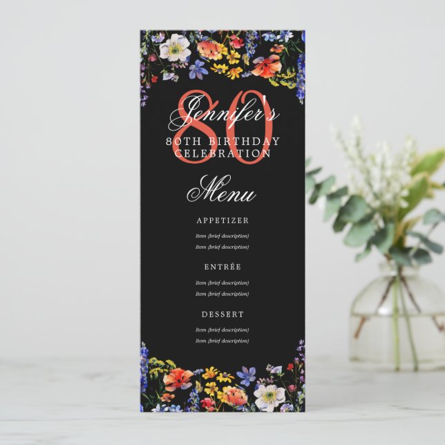 Invitation Elégant Floral 80th Birthday Party Menu Noir (Debout devant)