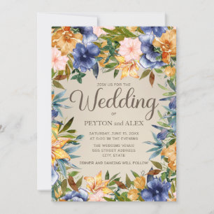Invitation Élégant floral aquarelle bleu orange. Mariage