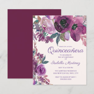 Invitation Élégant floral aquarelle violet Quinceañera 15ème