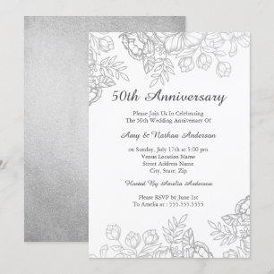 Invitation Élégant floral argenté vintage 50e anniversaire