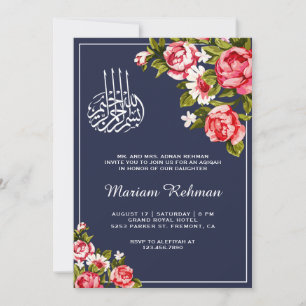 Invitation Élégant floral bébé fille Aqiqah bleu de minuit