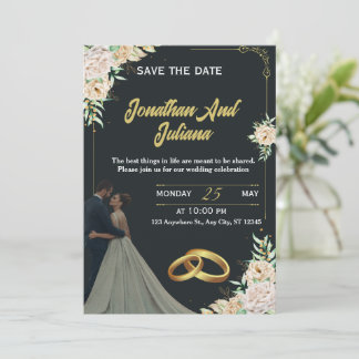 Invitation Elegant Floral Black Gold Custom Wedding Invite 