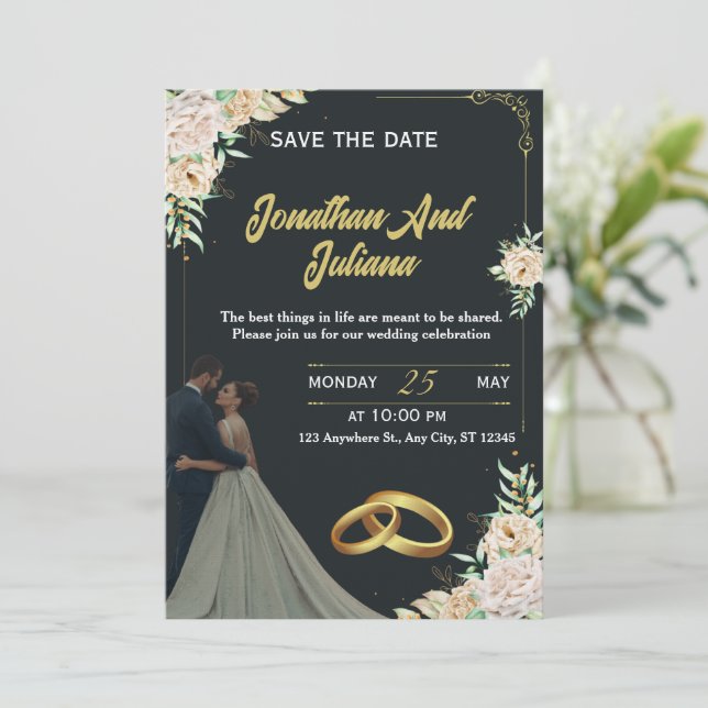 Invitation Elegant Floral Black Gold Custom Wedding Invite  (Debout devant)