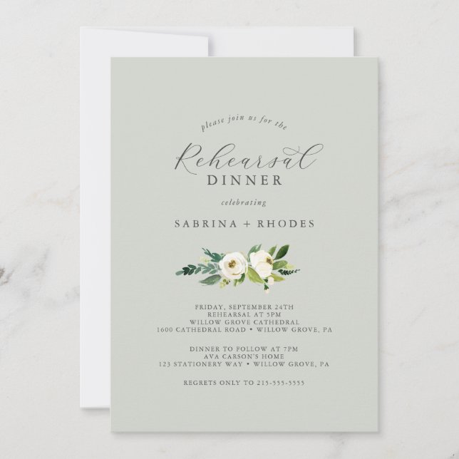 Invitation Élégant floral blanc | Dîner de répétition de la M (Devant)