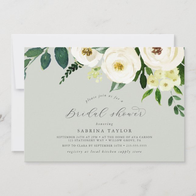 Invitation Élégant floral blanc | Fête des mariées de menthe (Devant)