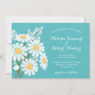 Invitation Elégant floral blanc marguerites Mariage Turquoise