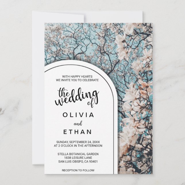 Invitation Élégant Floral Blanc Roses Arbre Mariage été (Devant)