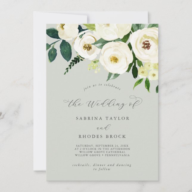 Invitation Élégant floral blanc | Sage Mint Le Mariage De (Devant)