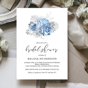 Invitation Élégant Floral Bleu Argent Vintage pour la Mariée