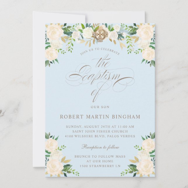 Invitation Élégant Floral Bleu Beige Calligraphie Baptême (Devant)