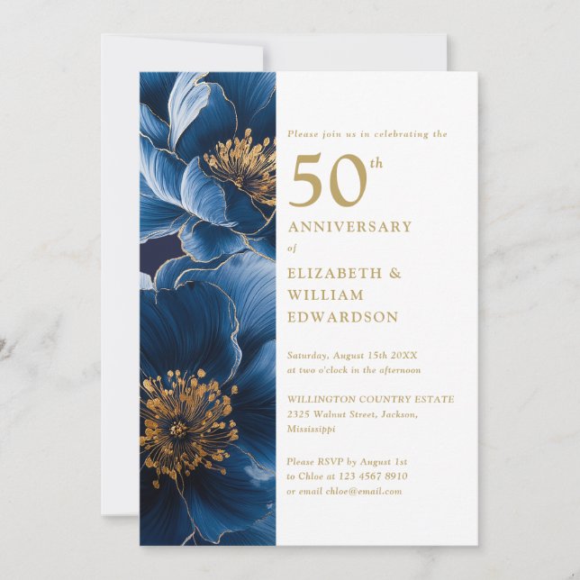 Invitation Élégant Floral Bleu Et Or 50ème Anniversaire (Devant)