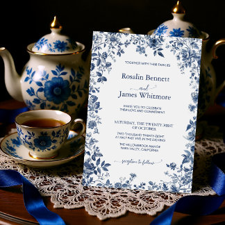 Invitation Élégant floral bleu poussiéreux de style chinoiser
