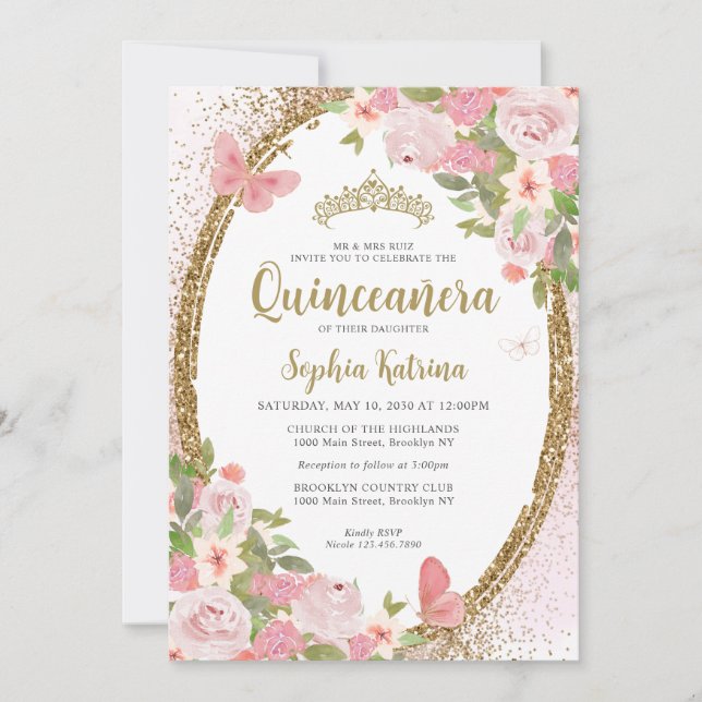 Invitation Elégant floral bleu rose or Tiara Quinceañera (Devant)