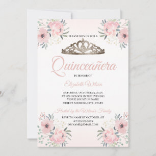 Invitation Élégant floral bleu rose photo Quinceanera Invita