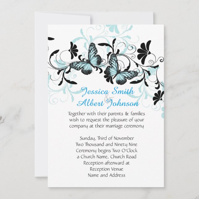 Invitation Elégant Floral Blue Butterfly Wedding Inviter (Devant)
