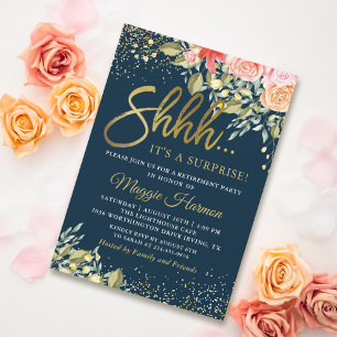 Invitation Élégant Floral Blue Gold Surprise Retraite Party