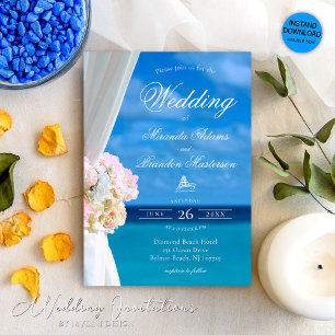 Invitation Elégant Floral Blue Ocean Beach Mariage