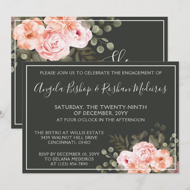 Invitation Élégant Floral Blush Botanical Engagement Party (Devant / Derrière)