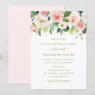 Invitation Elégant floral Blush Gold 100e anniversaire