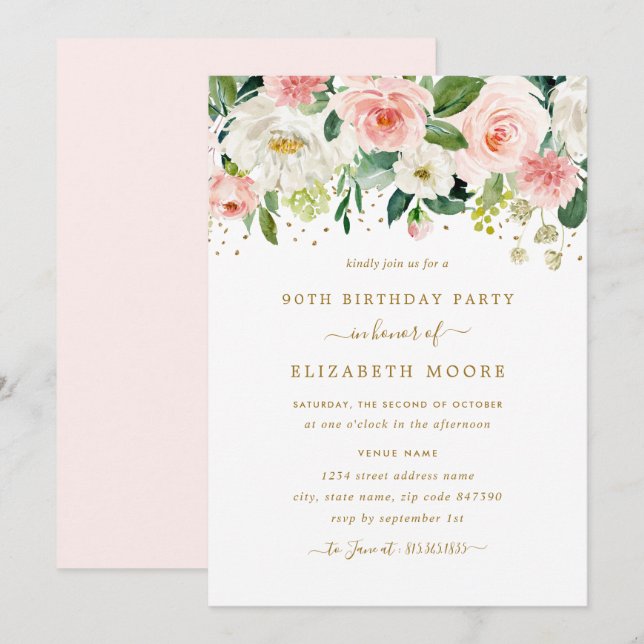 Invitation Elégant floral Blush Gold 90e anniversaire (Devant / Derrière)