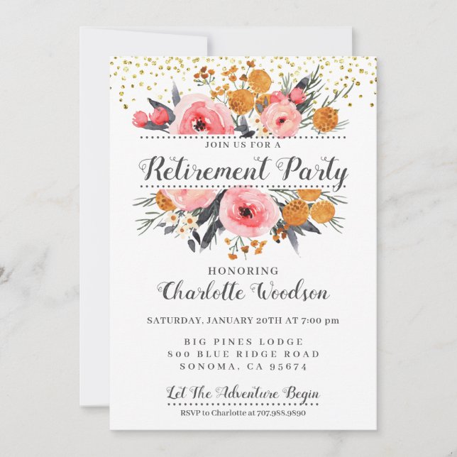 Invitation Élégant Floral Blush Pink Gold Retraite Party (Devant)