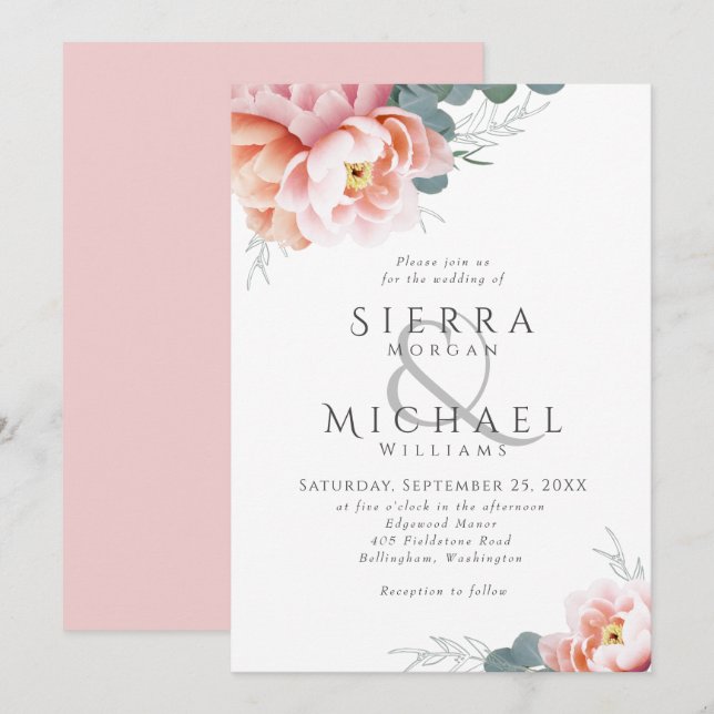 Invitation Élégant Floral Blush rose Peony Mariage (Devant / Derrière)
