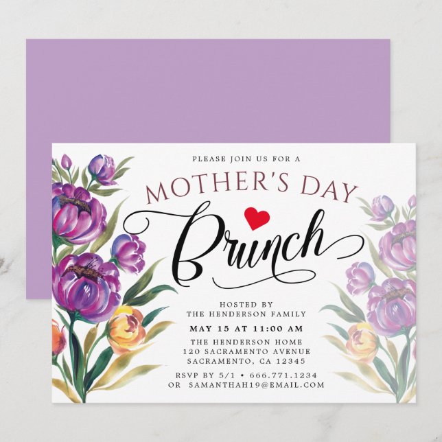 Invitation Élégant floral| Brunch pour la fête des mères (Devant / Derrière)