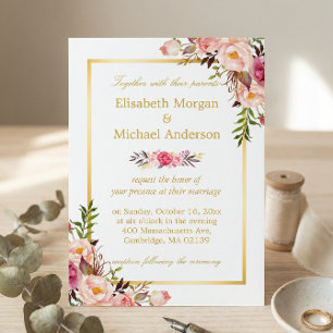 Invitation Élégant Floral Chic Gold Blanc Mariage officiel