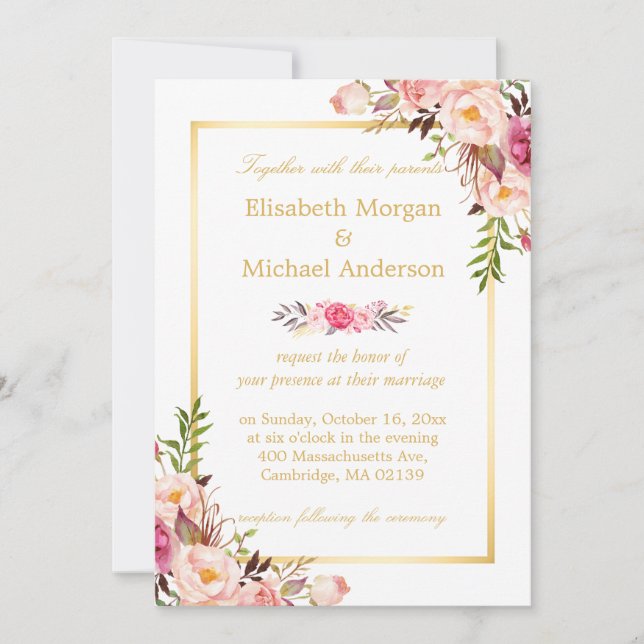 Invitation Élégant Floral Chic Gold Blanc Mariage officiel (Devant)