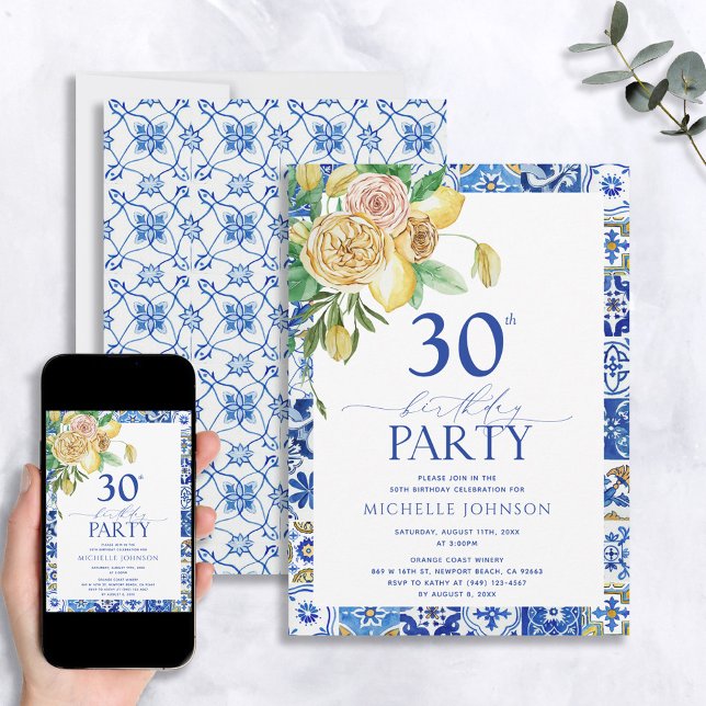 Invitation Elégant Floral de citron méditerranéen 30e anniver (Créateur téléchargé)