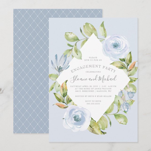 Invitation Élégant Floral Diamond Dusty Blue Engagement Party (Devant / Derrière)