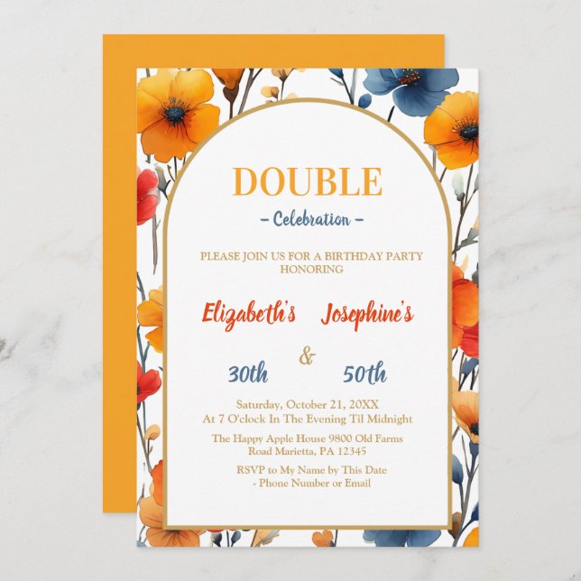 Invitation Élégant Floral double fête d'anniversaire (Devant / Derrière)
