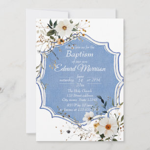 Invitation Élégant floral Dusty Baptême bleu