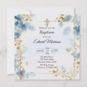 Invitation Élégant floral Dusty Baptême bleu