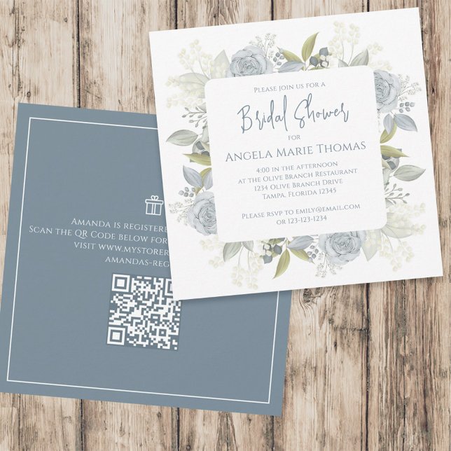 Invitation Elégant floral Dusty Blue Fête des mariées QR Code (Créateur téléchargé)