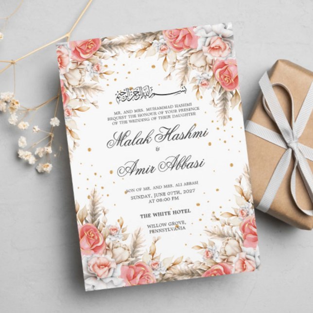 Invitation Élégant Floral et feuille Mariage musulman musulma (Créateur téléchargé)