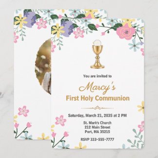Invitation Elegant Floral First Holy Communion Photo 