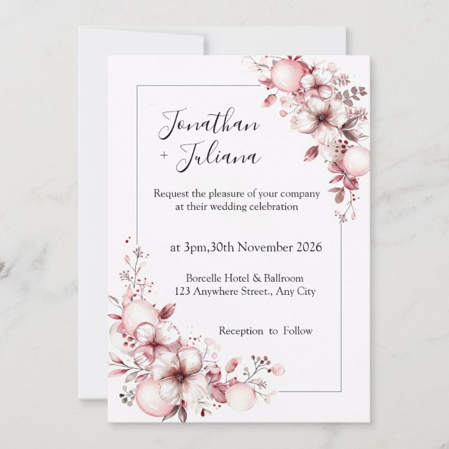 Invitation Elegant Floral Frame with Soft Pink Blossoms (Devant)