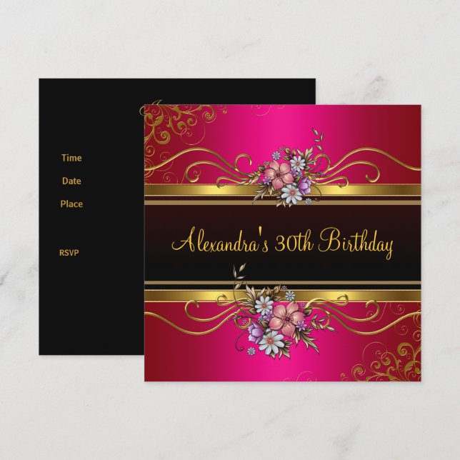Invitation Elégant floral Fuchsia bijou d'or rose Anniversair (Devant / Derrière)