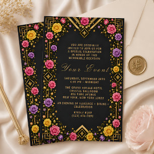 Invitation Élégant Floral Gala Noir Or 